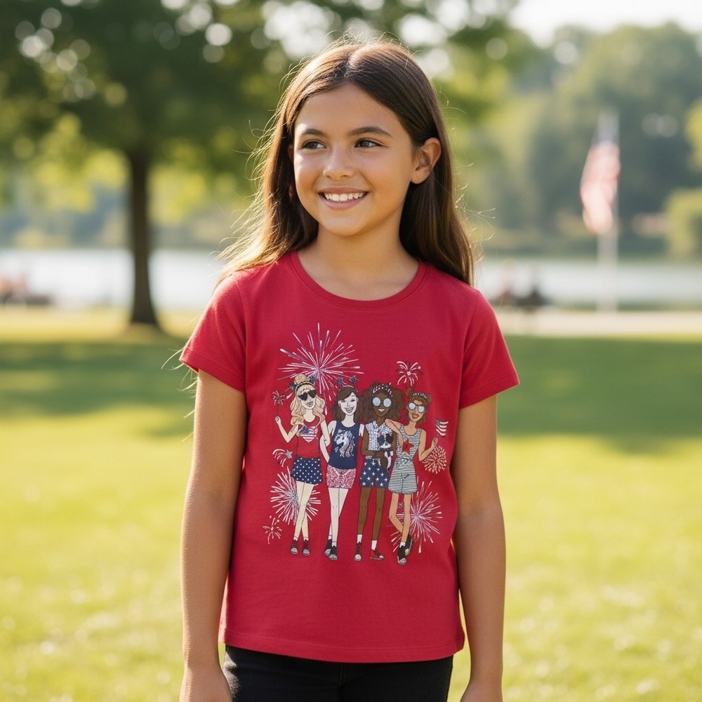 Girls Red 4th of July Graphic Tee Patriotic Fireworks Friends T-Shirt Kids